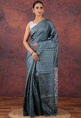 Steel Blue Pure Tussar Kantha Silk Saree With Blouse Piece - Adi Akshoy & Co.