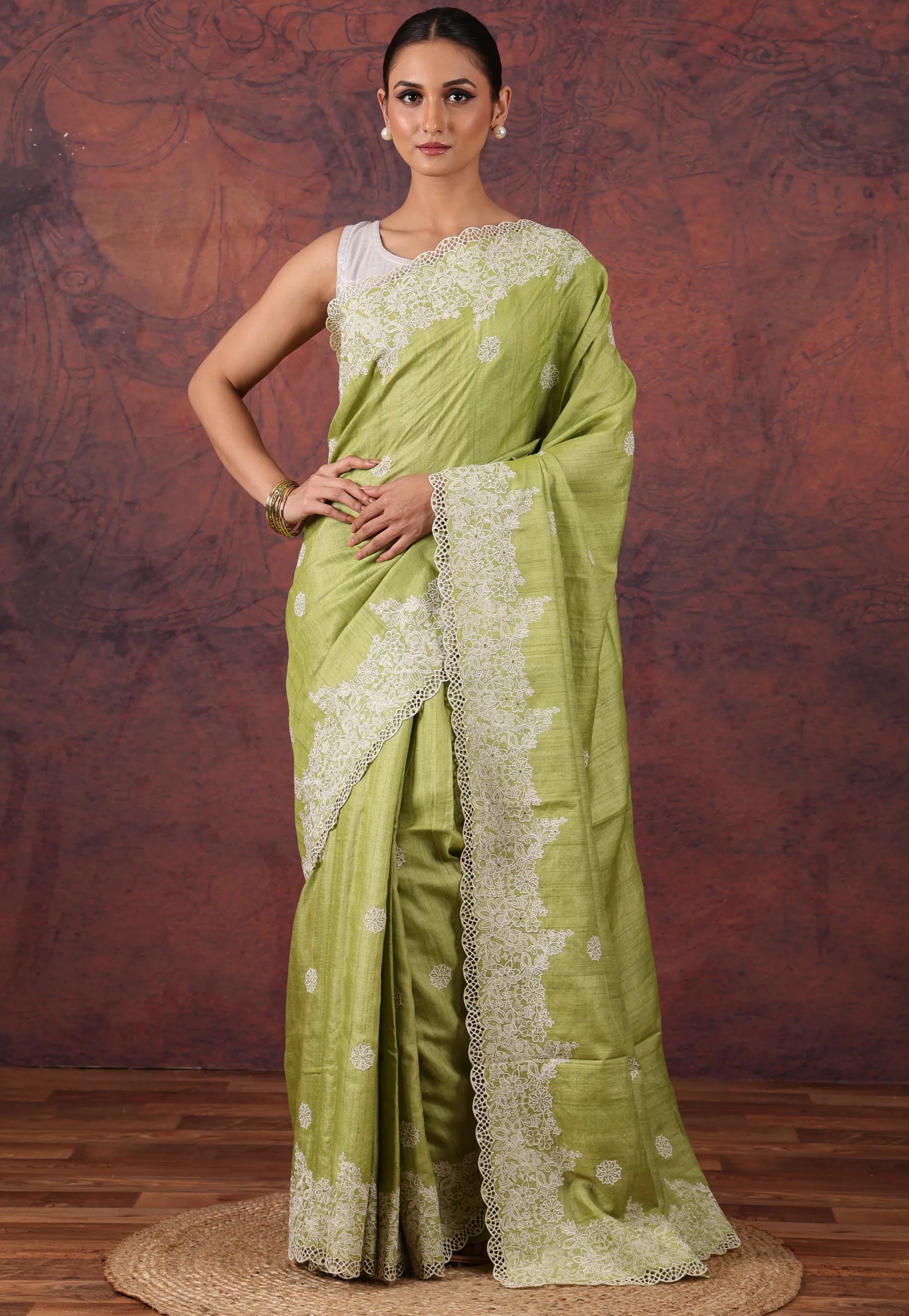 Light Olive Green Pure Tussar Kantha Silk Saree With Blouse Piece - Adi Akshoy & Co.