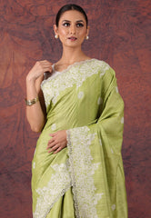 Light Olive Green Pure Tussar Kantha Silk Saree With Blouse Piece - Adi Akshoy & Co.