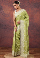Light Olive Green Pure Tussar Kantha Silk Saree With Blouse Piece - Adi Akshoy & Co.