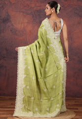 Light Olive Green Pure Tussar Kantha Silk Saree With Blouse Piece - Adi Akshoy & Co.