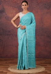 Aqua Blue Pure Tussar Kantha Silk Saree With Blouse Piece - Adi Akshoy & Co.