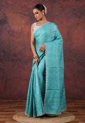 Aqua Blue Pure Tussar Kantha Silk Saree With Blouse Piece - Adi Akshoy & Co.