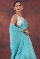 Aqua Blue Pure Tussar Kantha Silk Saree With Blouse Piece - Adi Akshoy & Co.