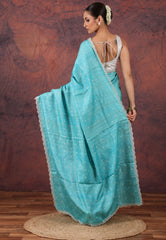 Aqua Blue Pure Tussar Kantha Silk Saree With Blouse Piece - Adi Akshoy & Co.