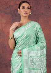 Mint Green Kantha Silk Saree With Blouse Piece - Adi Akshoy & Co.