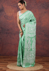 Mint Green Kantha Silk Saree With Blouse Piece - Adi Akshoy & Co.