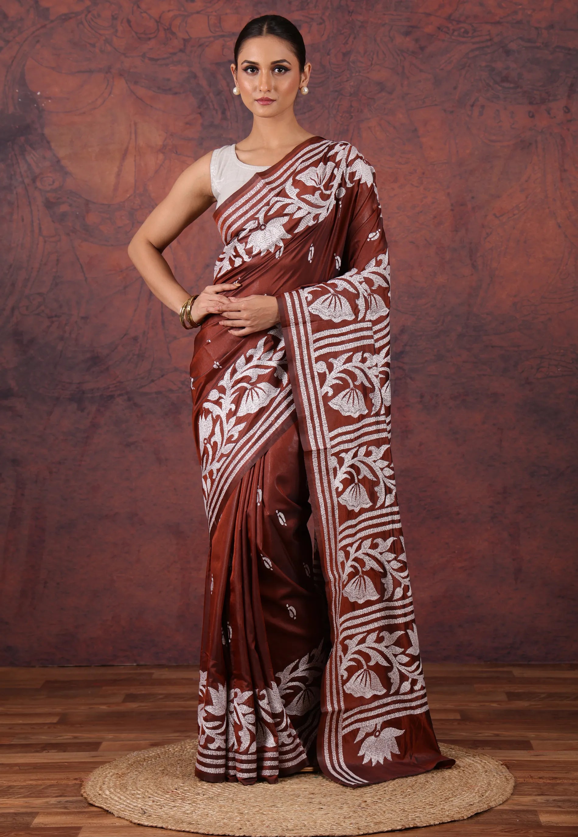 Deep Brown Kantha Silk Saree With Blouse Piece - Adi Akshoy & Co.