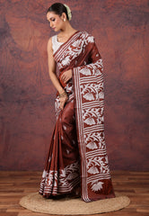 Deep Brown Kantha Silk Saree With Blouse Piece - Adi Akshoy & Co.