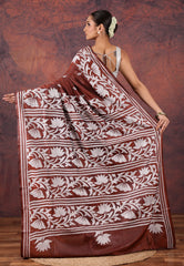 Deep Brown Kantha Silk Saree With Blouse Piece - Adi Akshoy & Co.