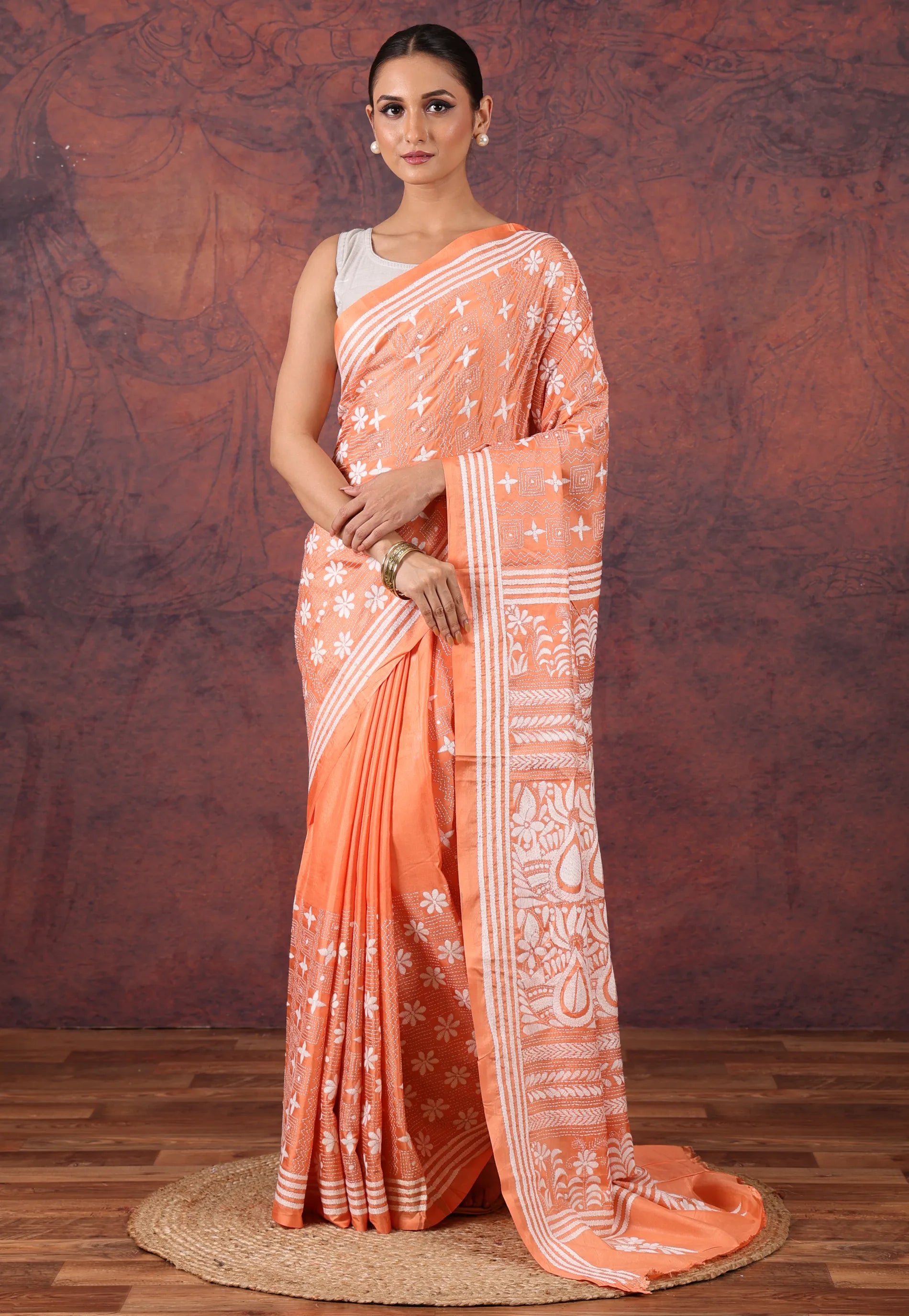 Peach Kantha Silk Saree With Blouse Piece - Adi Akshoy & Co.