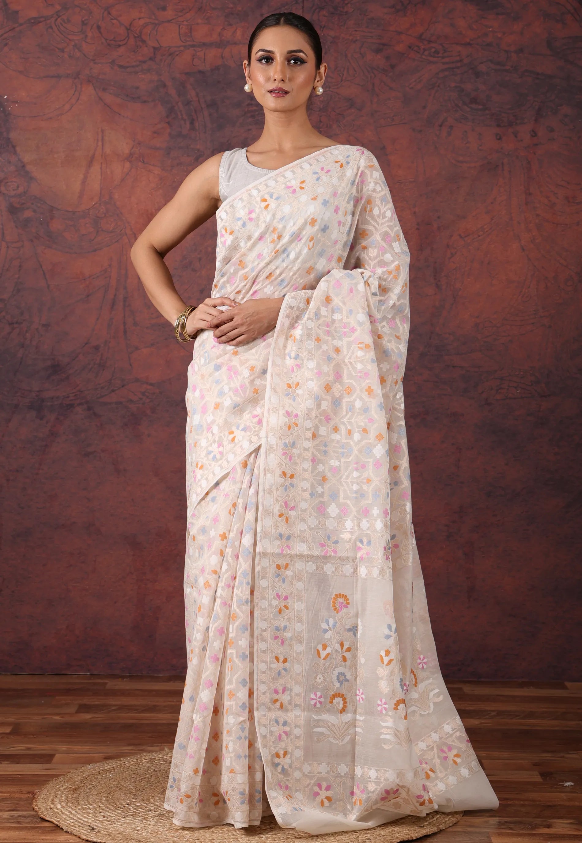 Off White Kantha Silk Saree with Blouse Piece  - Adi Akshoy & Co.