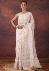 Off White Kantha Silk Saree with Blouse Piece  - Adi Akshoy & Co.