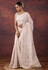 Off White Kantha Silk Saree with Blouse Piece  - Adi Akshoy & Co.