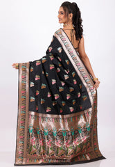 Black Baluchari with Golden Zari Work Silk Saree with Blouse Piece - Adi Akshoy & Co.