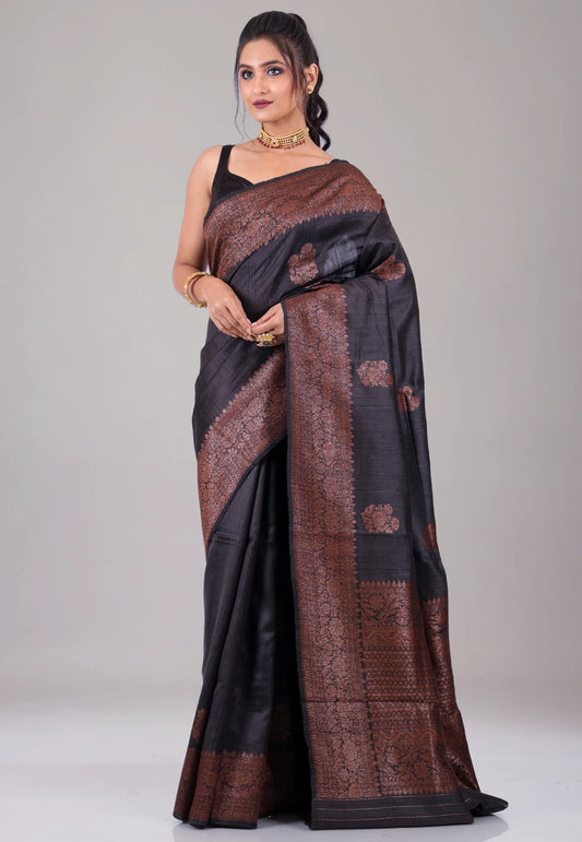 Black Pure Tussar Silk with Copper Border with Blouse Piece - Adi Akshoy & Co.