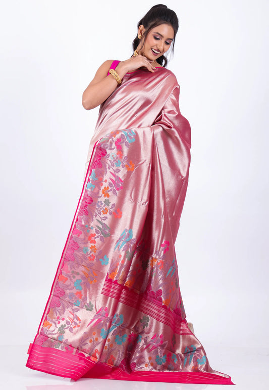 Pastel Pink Tissue Kanjivaram Silk Saree With Blouse Piece - Adi Akshoy & Co.