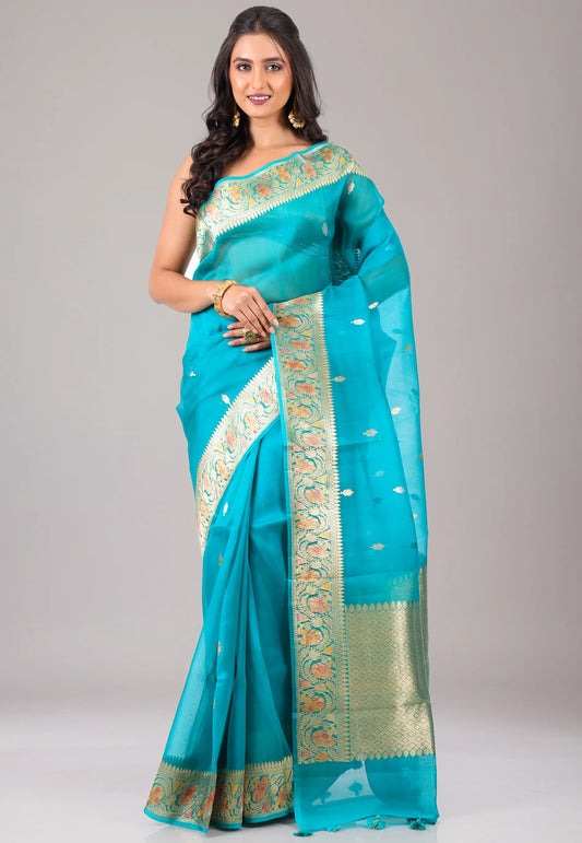 Turquoise Blue Pure Kora Silk Saree With Blouse Piece - Adi Akshoy & Co.