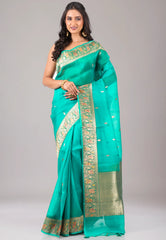 Turquoise Green Pure Kora Silk Saree With Blouse Piece - Adi Akshoy & Co.
