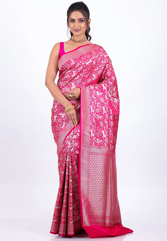 Rani Pink Shikargah Katan with Golden Zari work Silk Saree With Blouse Piece - Adi Akshoy & Co.