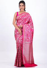 Rani Pink Shikargah Katan with Golden Zari work Silk Saree With Blouse Piece - Adi Akshoy & Co.