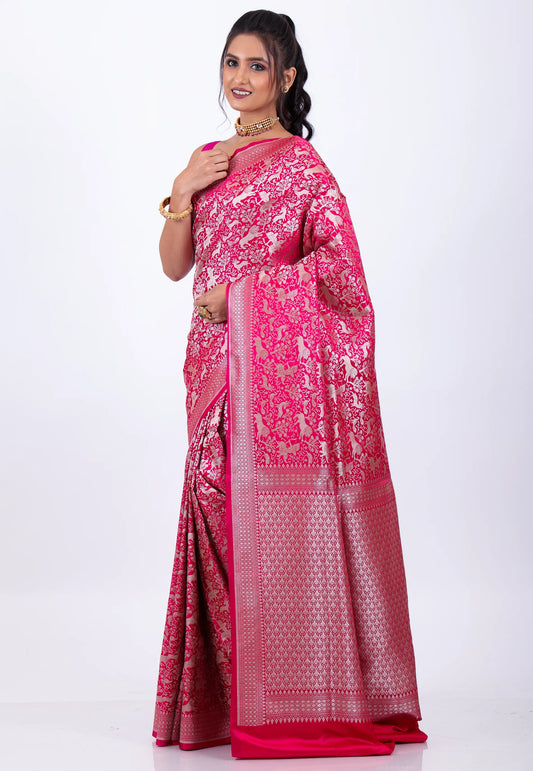 Rani Pink Shikargah Katan with Golden Zari work Silk Saree With Blouse Piece - Adi Akshoy & Co.
