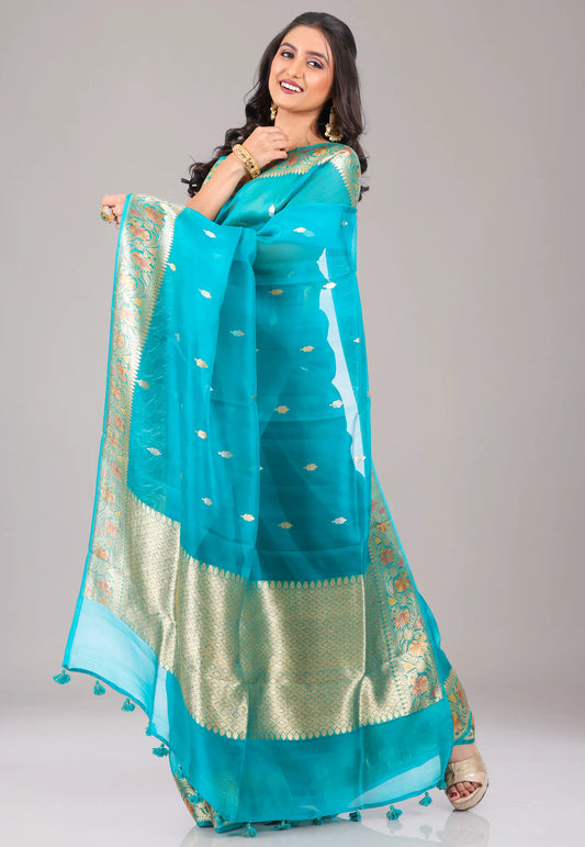 Turquoise Blue Pure Kora Silk Saree With Blouse Piece - Adi Akshoy & Co.