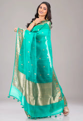 Turquoise Green Pure Kora Silk Saree With Blouse Piece - Adi Akshoy & Co.
