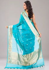 Turquoise Blue Pure Kora Silk Saree With Blouse Piece - Adi Akshoy & Co.