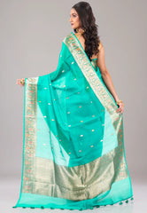 Turquoise Green Pure Kora Silk Saree With Blouse Piece - Adi Akshoy & Co.