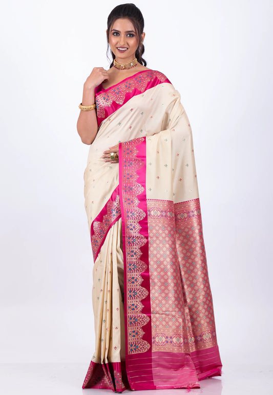 Beige Mashru with Rani Border Silk Saree with Blouse Piece - Adi Akshoy & Co.