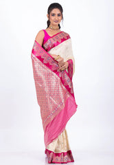 Beige Mashru with Rani Border Silk Saree with Blouse Piece - Adi Akshoy & Co.