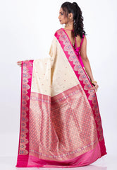 Beige Mashru with Rani Border Silk Saree with Blouse Piece - Adi Akshoy & Co.