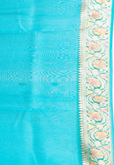 Turquoise Blue Pure Kora Silk Saree With Blouse Piece - Adi Akshoy & Co.