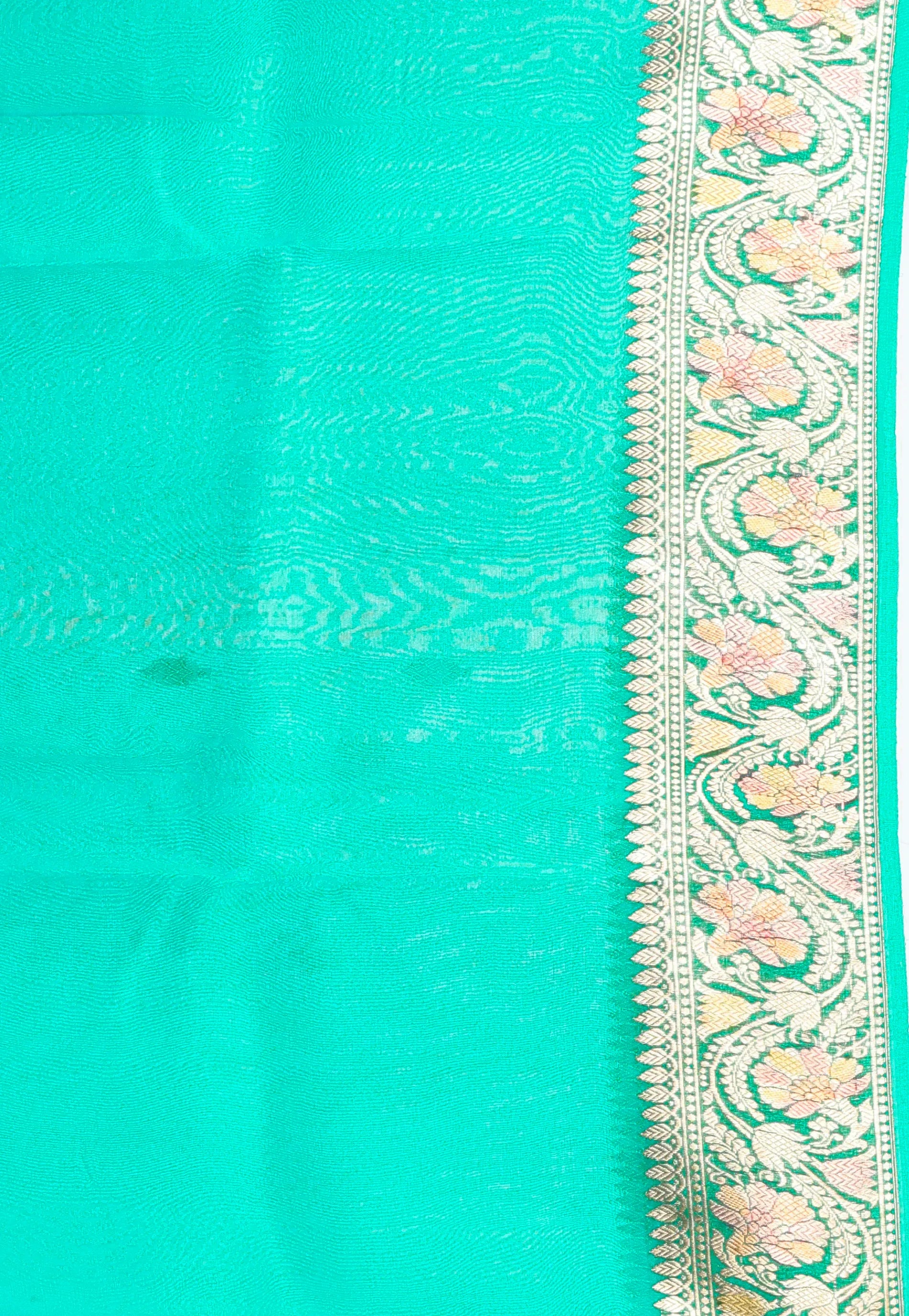 Turquoise Green Pure Kora Silk Saree With Blouse Piece - Adi Akshoy & Co.