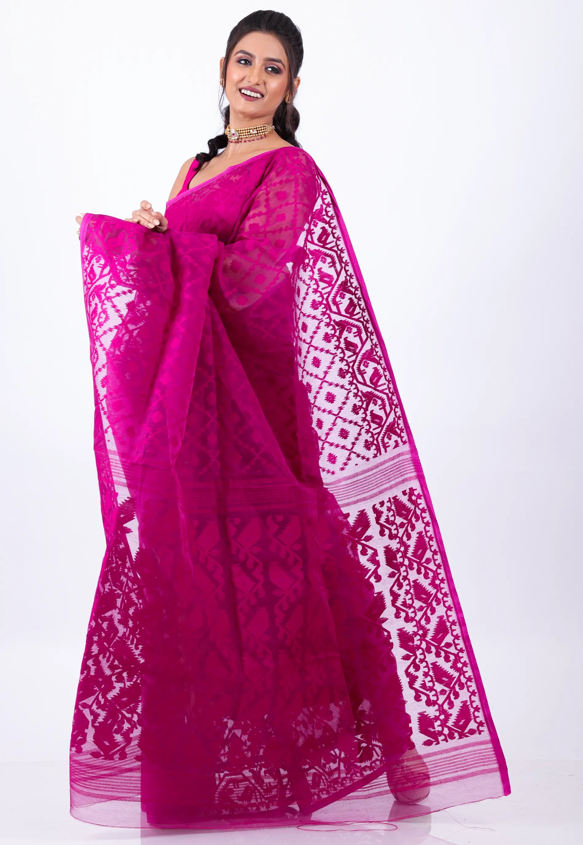 Magenta Dhakai Jamdani Cotton Saree without Blouse Piece - Adi Akshoy & Co.