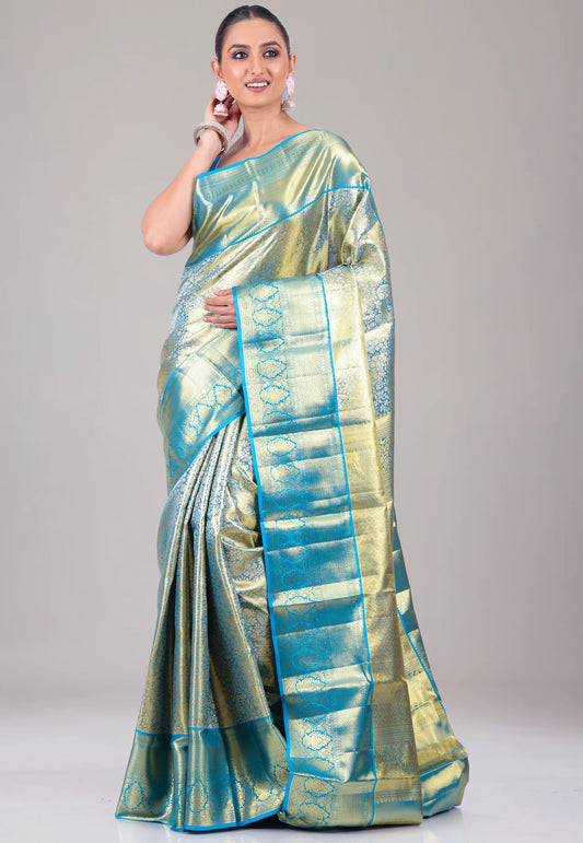 Rama Green Tissue Kanjivaram Pure Silk Saree With Blouse Piece - Adi Akshoy & Co.