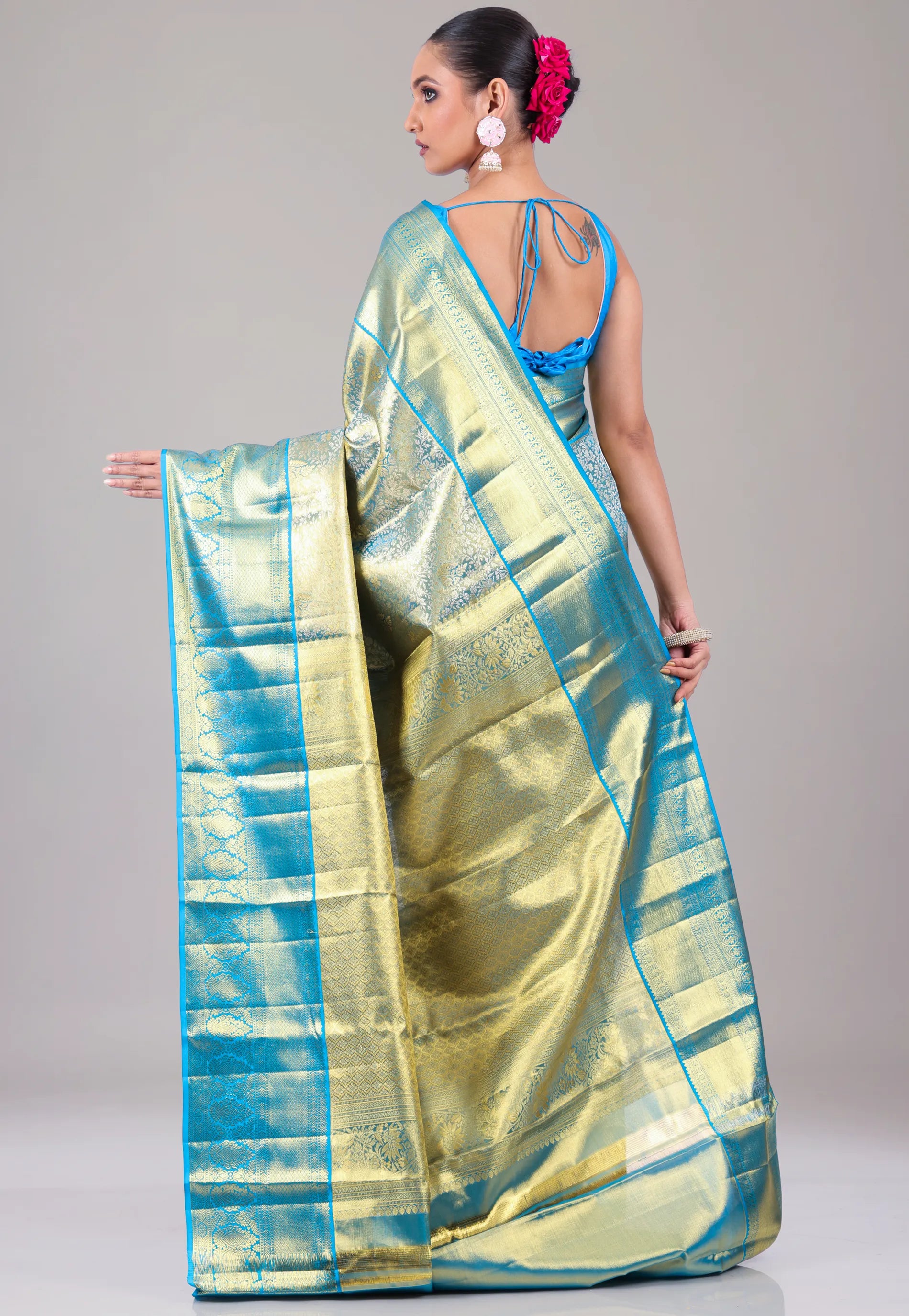 Rama Green Tissue Kanjivaram Pure Silk Saree With Blouse Piece - Adi Akshoy & Co.