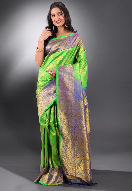Parrot Green with Golden Border Pure Gadwal Silk Saree With Blouse Piece - Adi Akshoy & Co.