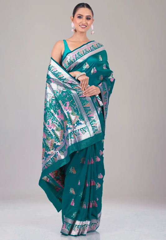 Feroza Blue Baluchari Silk Saree with Blouse Piece - Adi Akshoy & Co.