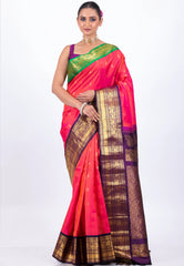 Cross Rani Pink with Green & purple Border Pure Gadwal Silk Saree With Blouse Piece - Adi Akshoy & Co.