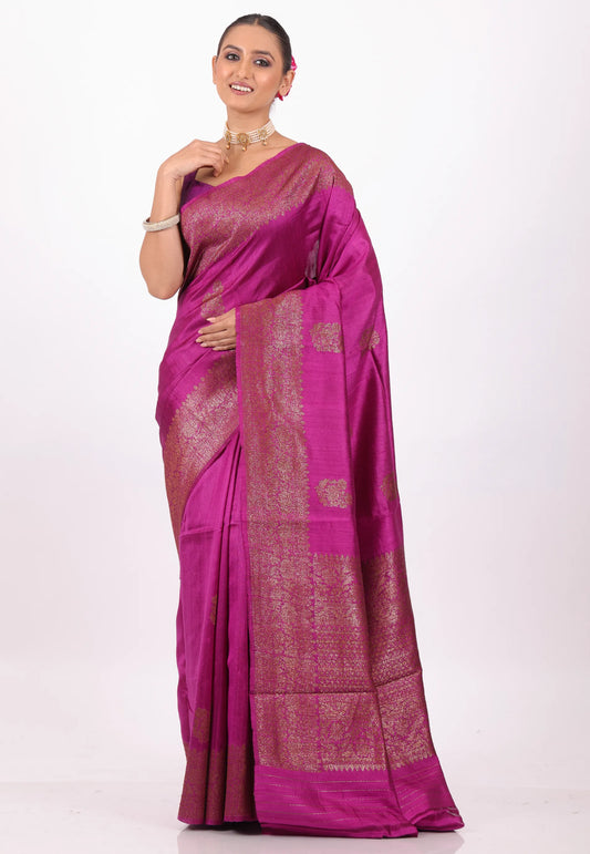 Magenta Pure Tussar Silk Border with Blouse Piece - Adi Akshoy & Co.