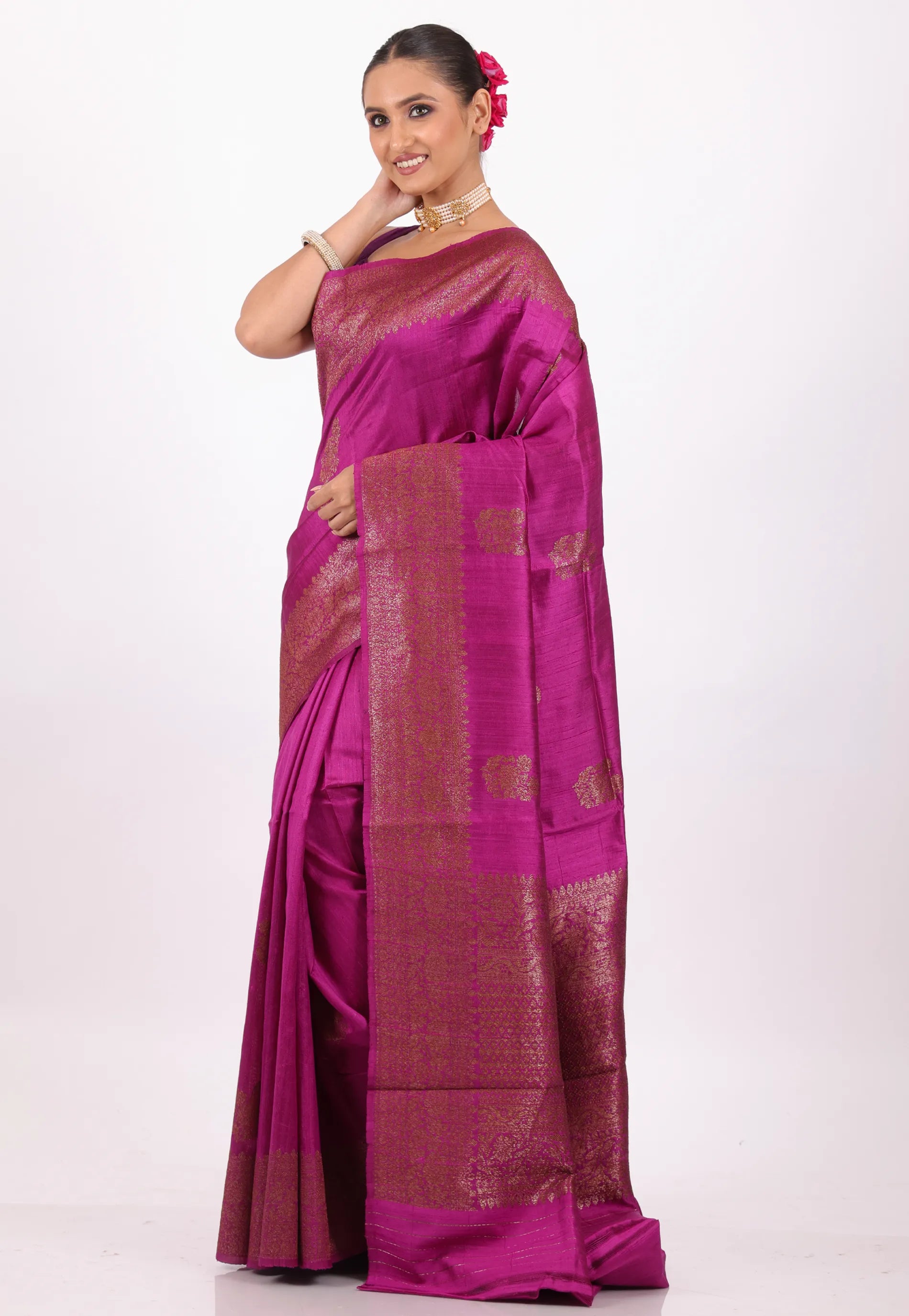 Magenta Pure Tussar Silk Border with Blouse Piece - Adi Akshoy & Co.