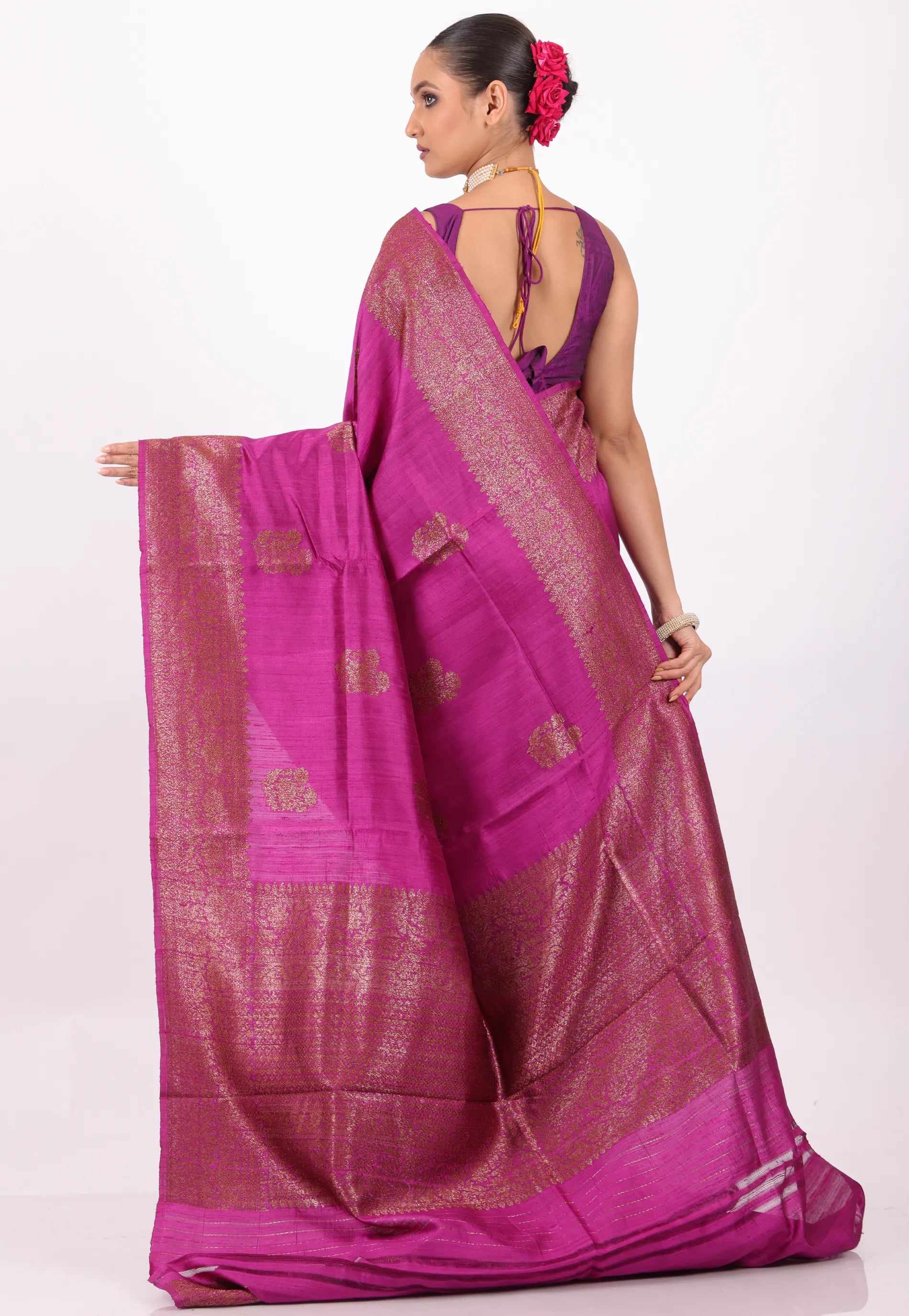 Magenta Pure Tussar Silk Border with Blouse Piece - Adi Akshoy & Co.