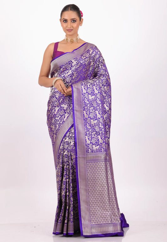 Purple Shikargah Katan with Golden Zari work Silk Saree With Blouse Piece - Adi Akshoy & Co.