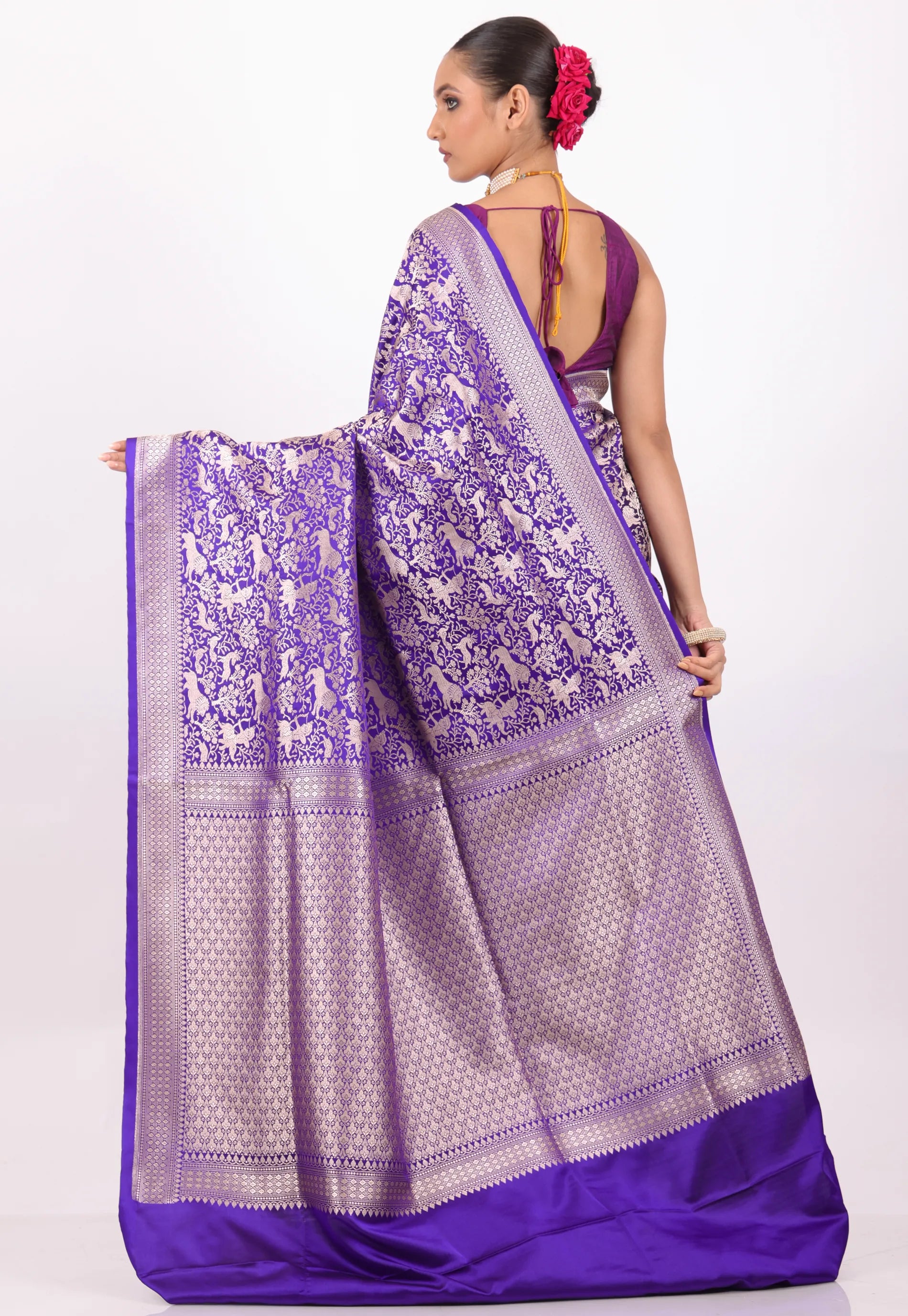 Purple Shikargah Katan with Golden Zari work Silk Saree With Blouse Piece - Adi Akshoy & Co.