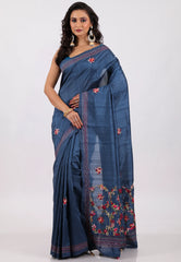 Deep Blue Handwoven Kantha Silk Saree With Blouse Piece - Adi Akshoy & Co.