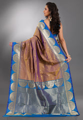 Dual Shades of Mustard and Purple Kanjivaram Silk Saree With Blouse Piece - Adi Akshoy & Co.
