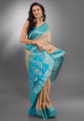 Beige with Sea Blue Border Tussar Silk Saree with Blouse Piece - Adi Akshoy & Co.