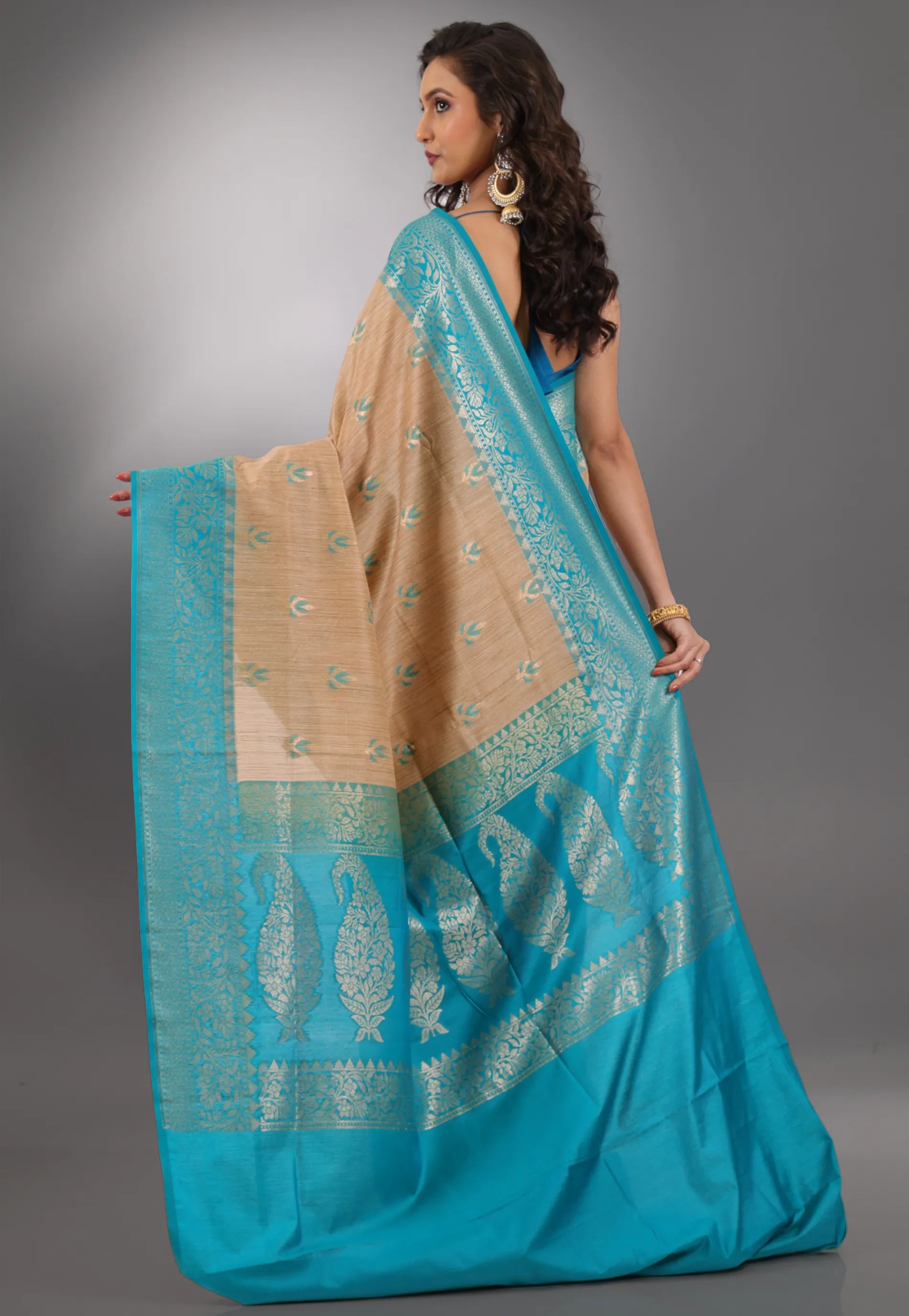 Beige with Sea Blue Border Tussar Silk Saree with Blouse Piece - Adi Akshoy & Co.